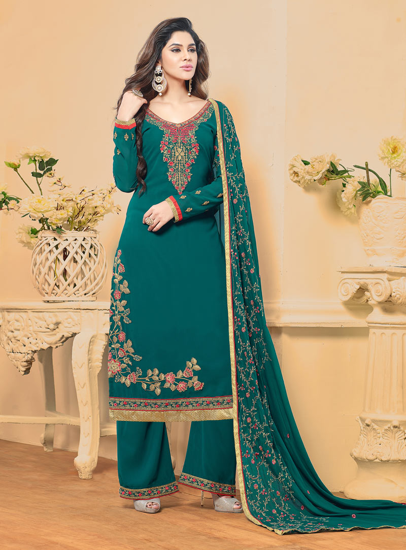 Teal Faux Georgette Pakistani Style Suit 92132