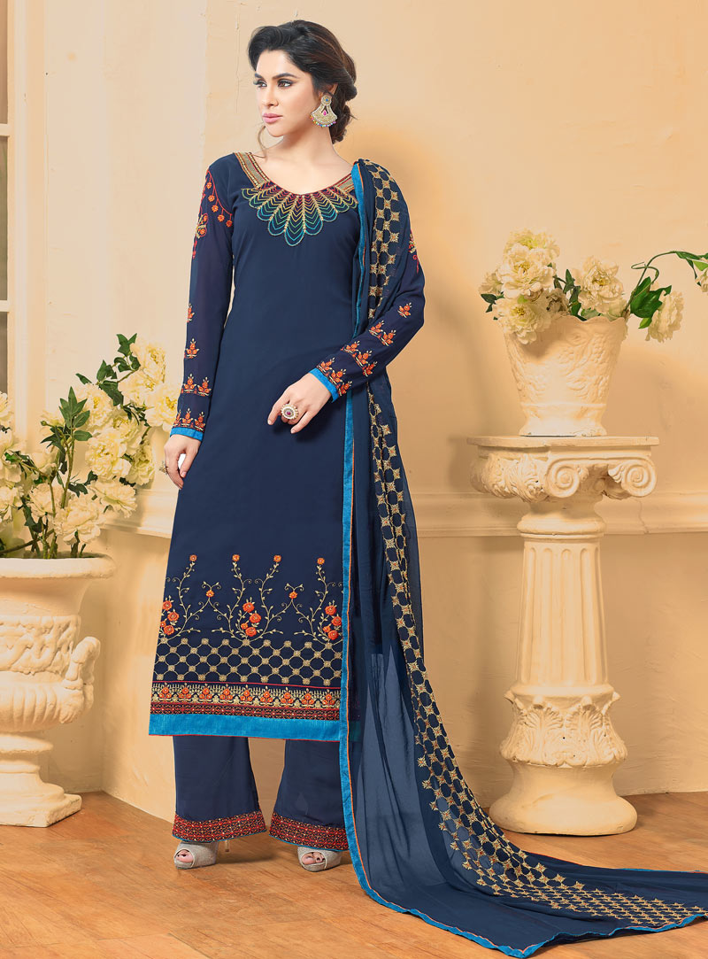 Navy Blue Faux Georgette Pakistani Style Suit 92134