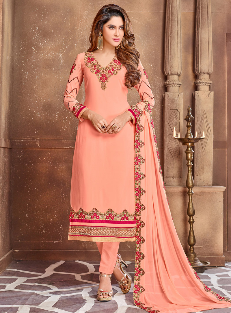 Peach Georgette Straight Cut Pant Style Suit 94343