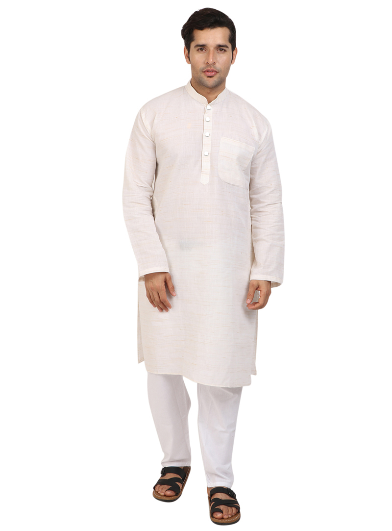 White Cotton Readymade Kurta Pajama 124131
