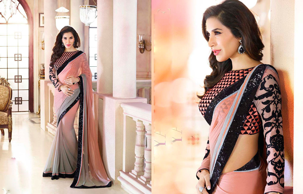 Sophie Choudry Grey and Peach Lace Work Party Wear Saree 40211