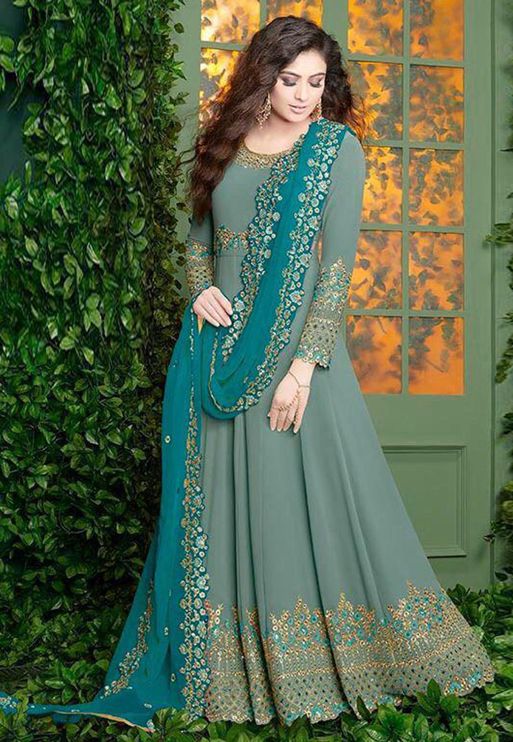 Sea Green Faux Georgette Abaya Style Anarkali Suit 160710