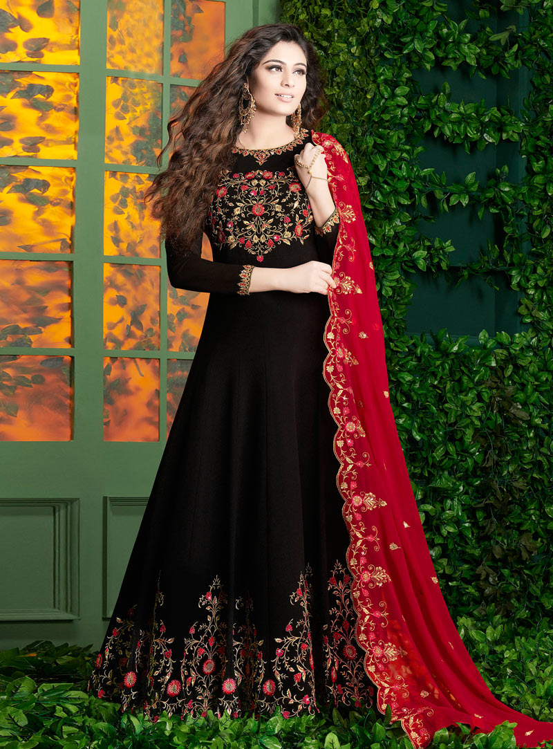 Black Faux Georgette Abaya Style Anarkali Suit 139104