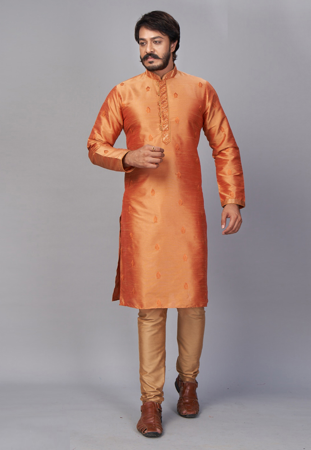 Orange Jacquard Silk Kurta Pajama 225148