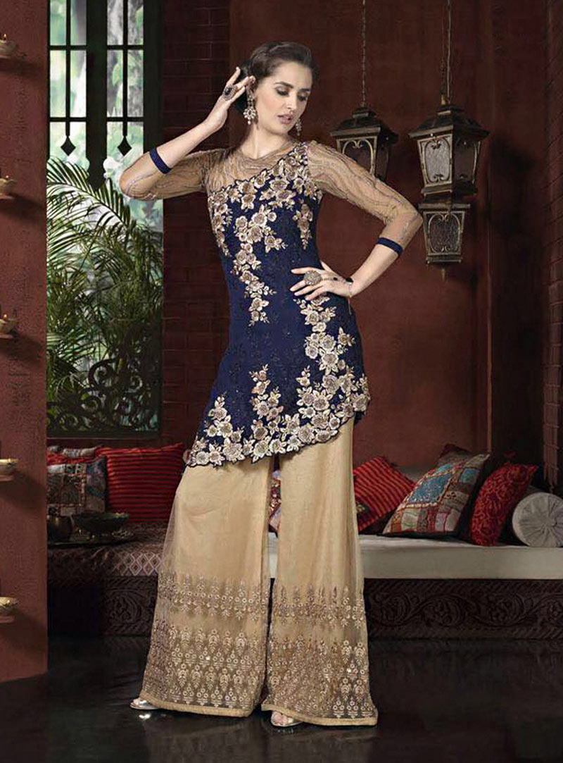 Navy Blue Georgette Palazzo Style Suit 72792