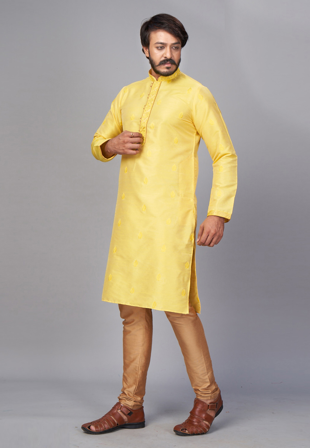 Yellow Jacquard Silk Kurta Pajama 225149