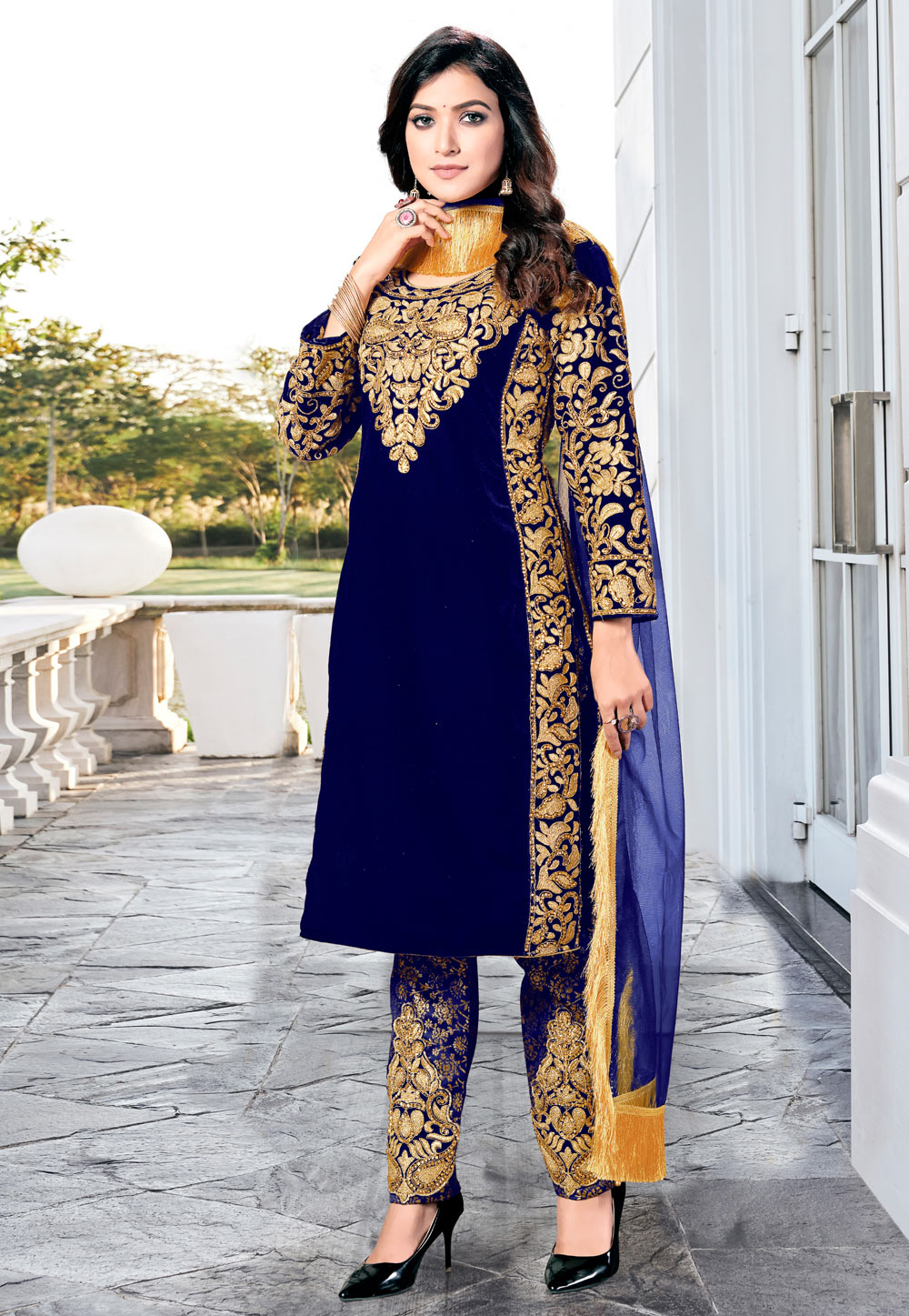 Blue Velvet Embroidered Pant Style Suit 216150