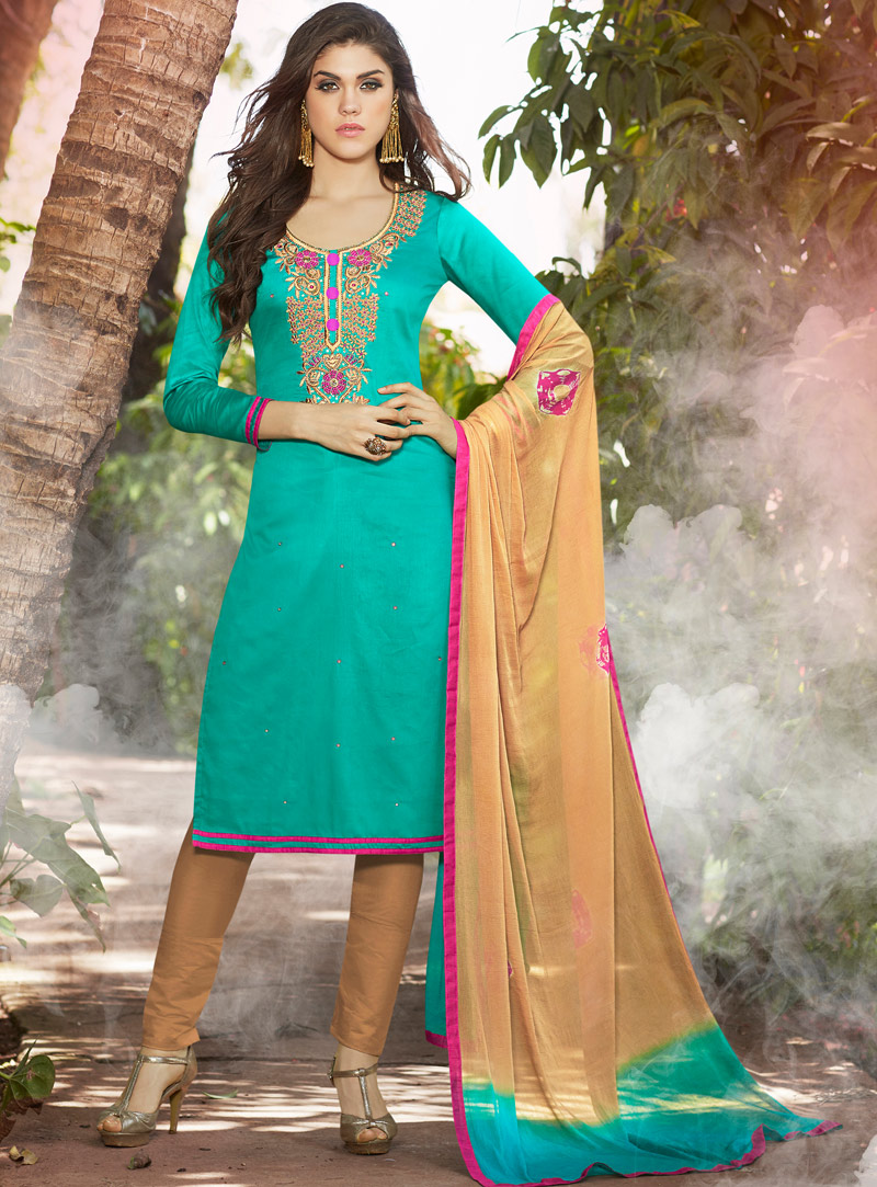 Turquoise Silk Pakistani Style Suit 92663