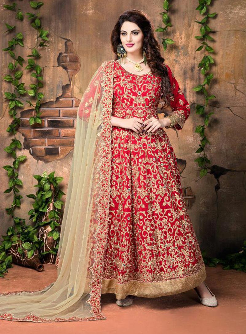 Red Banglori Silk Ankle Length Anarkali Suit 84593