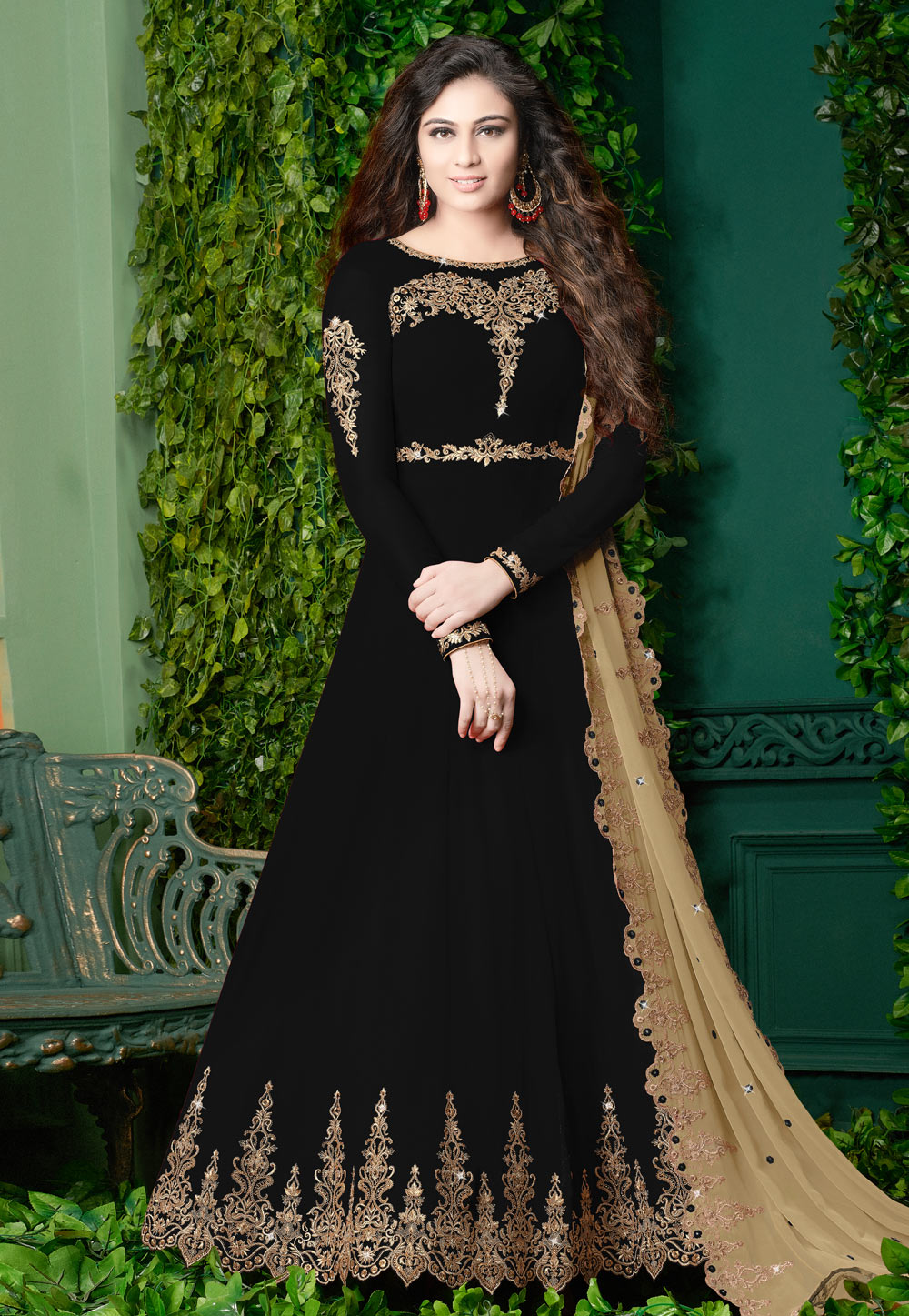 Black Faux Georgette Abaya Style Anarkali Suit 160712