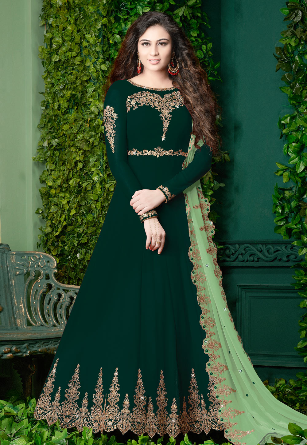 Green Faux Georgette Embroidered Anarkali Suit 160715