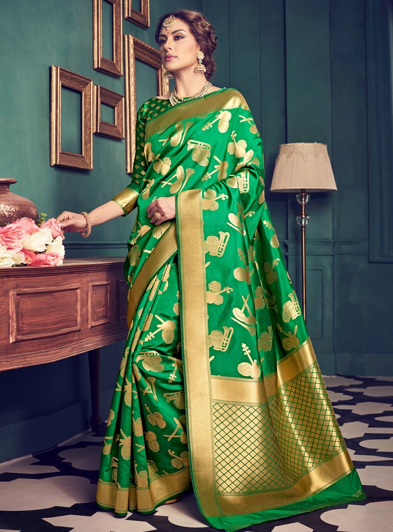 Engagement, Festive, Reception Green, Yellow color Georgette fabric Saree :  1874358