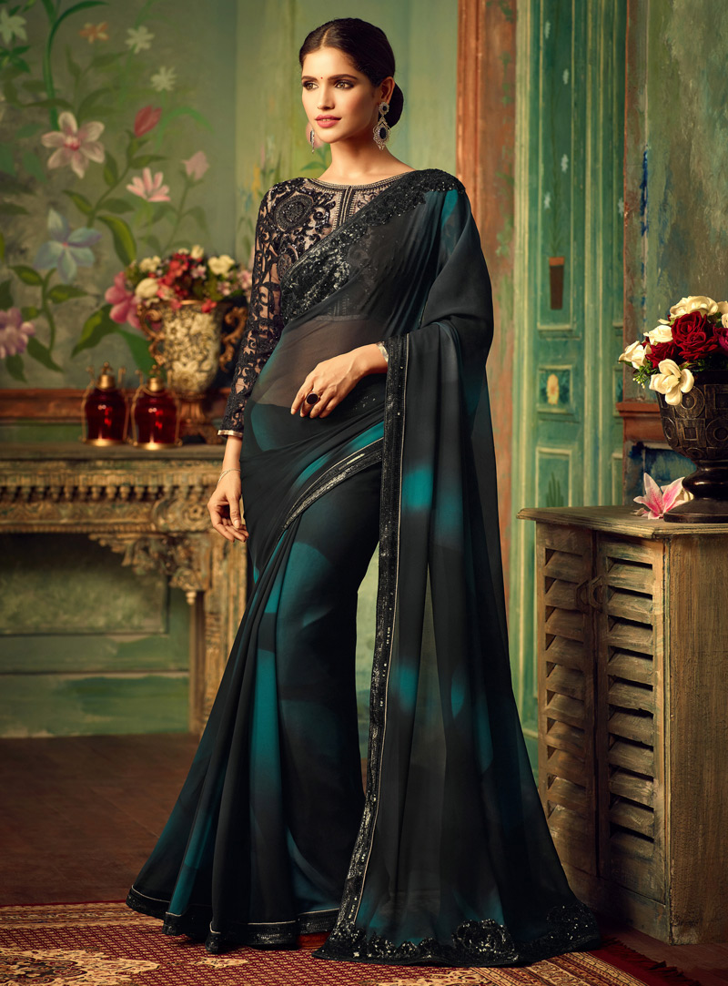 Black Georgette Saree With Embroidered Blouse 105493