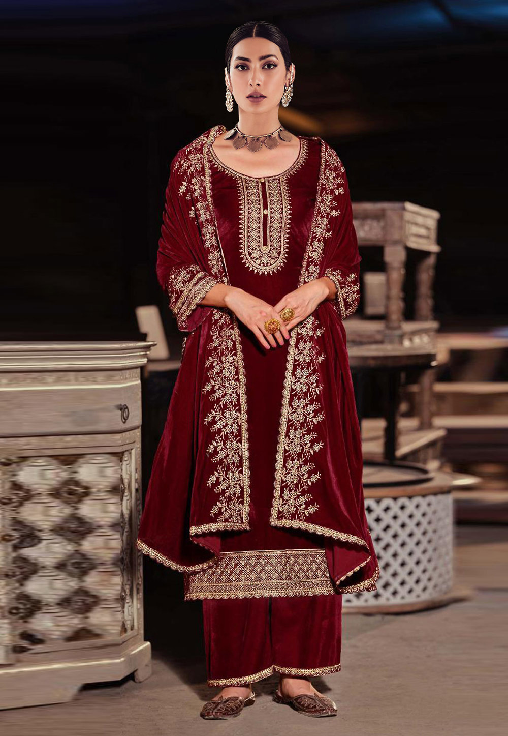 Maroon Velvet Pakistani Palazzo Suit 273410