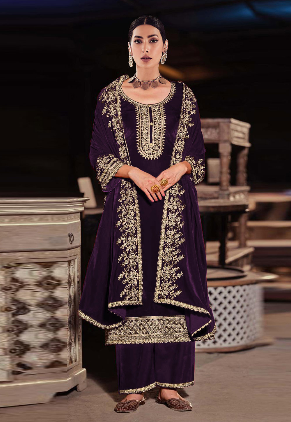 Purple Velvet Pakistani Palazzo Suit 273412