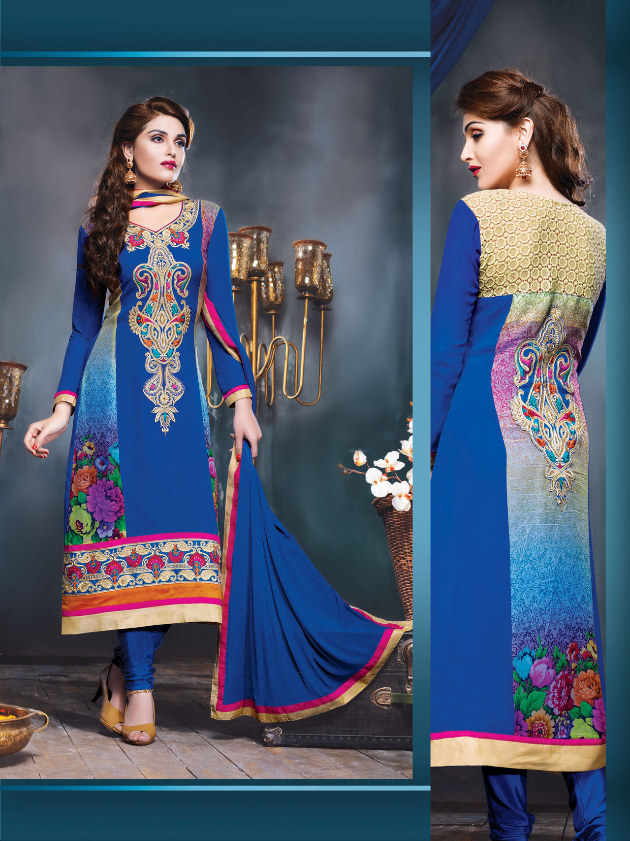 Blue Bemberg Embroidered Party Wear Suit 40318