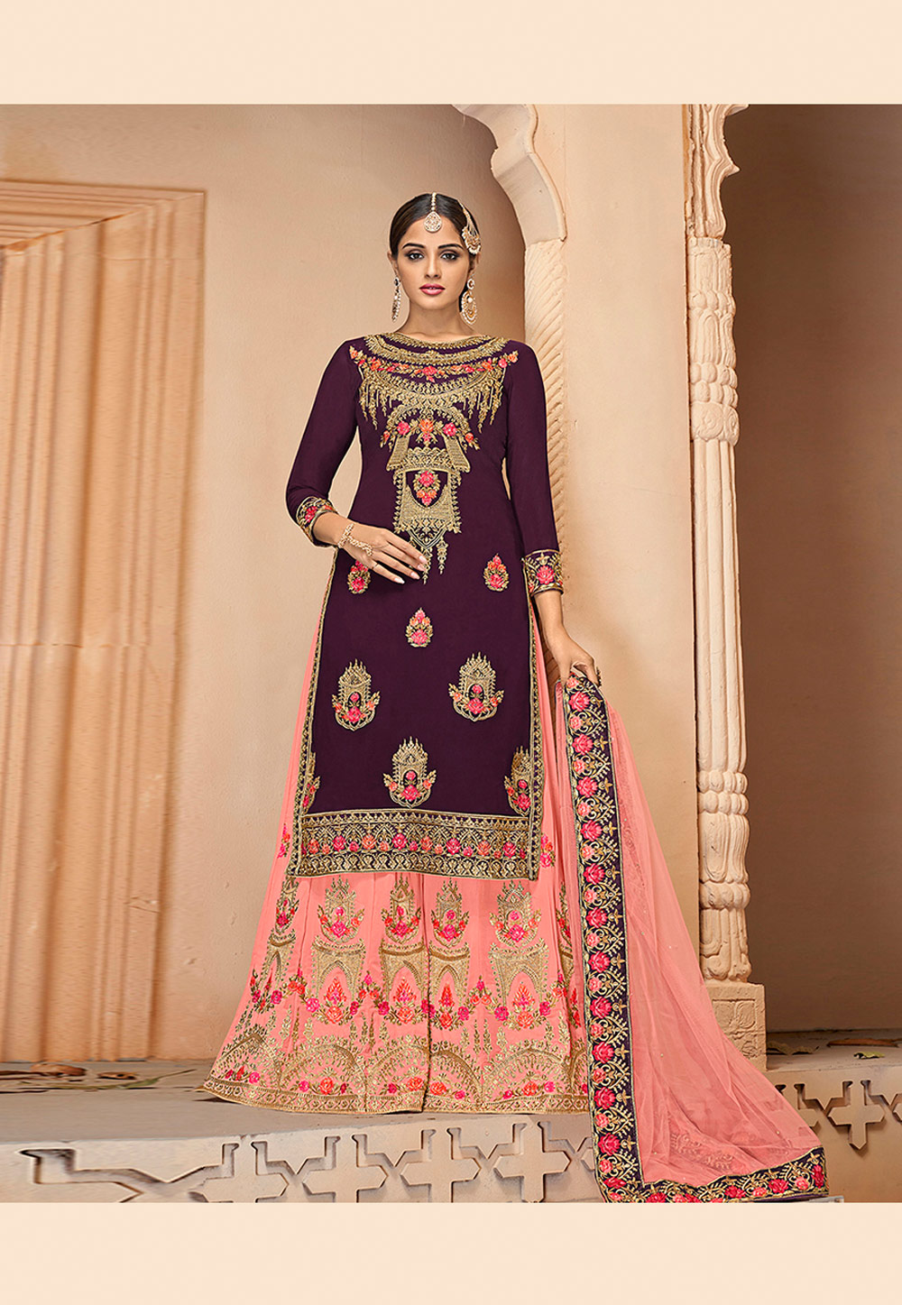 Purple Georgette Embroidered Kameez With Palazzo 176045