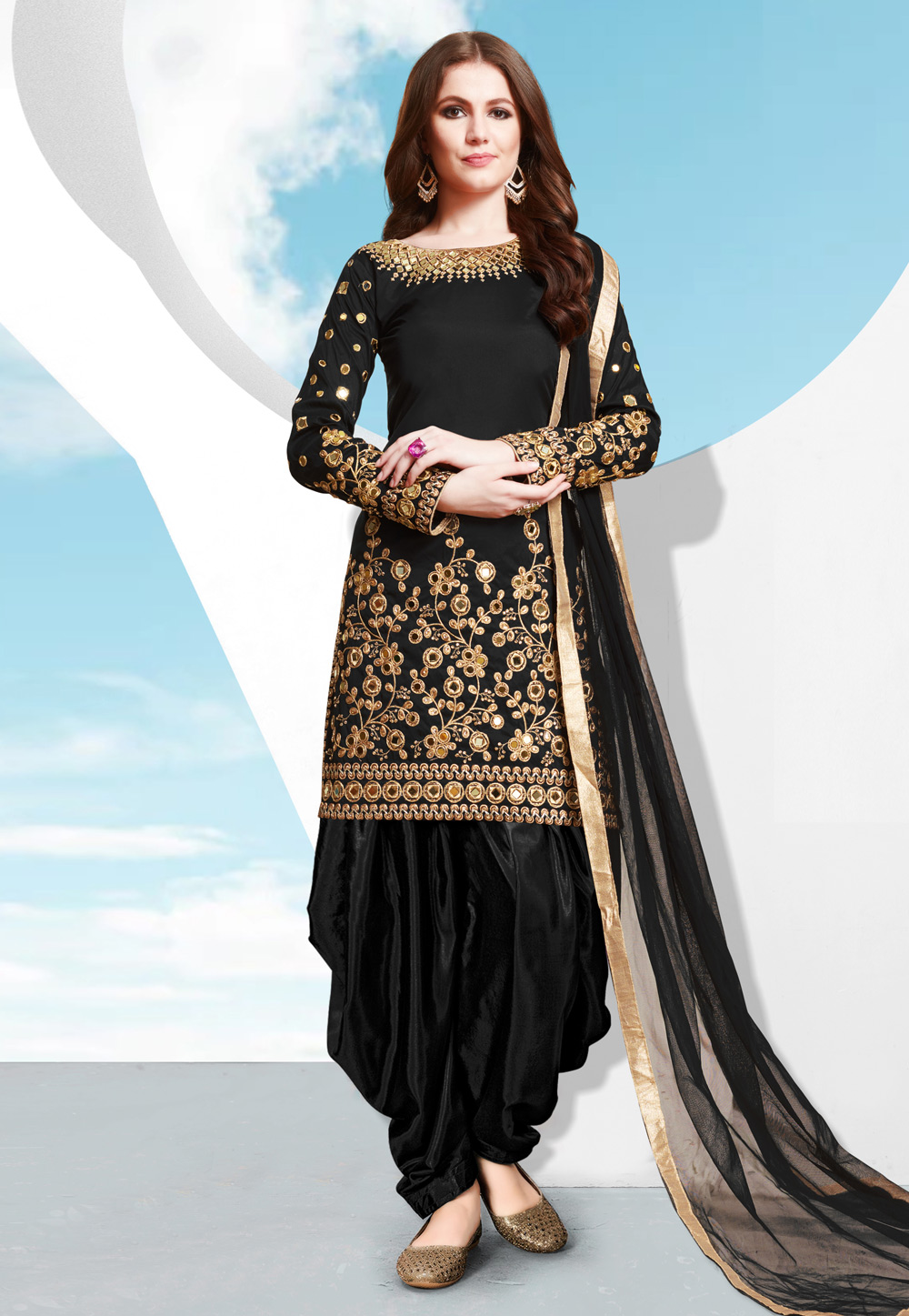 Black Taffeta Silk Punjabi Suit 185931