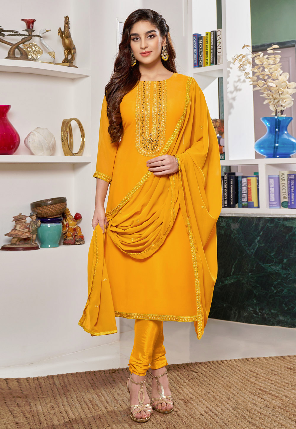 Yellow Georgette Churidar Salwar Suit 239025