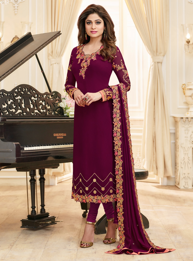 Shamita Shetty Purple Georgette Churidar Salwar Suit 131674