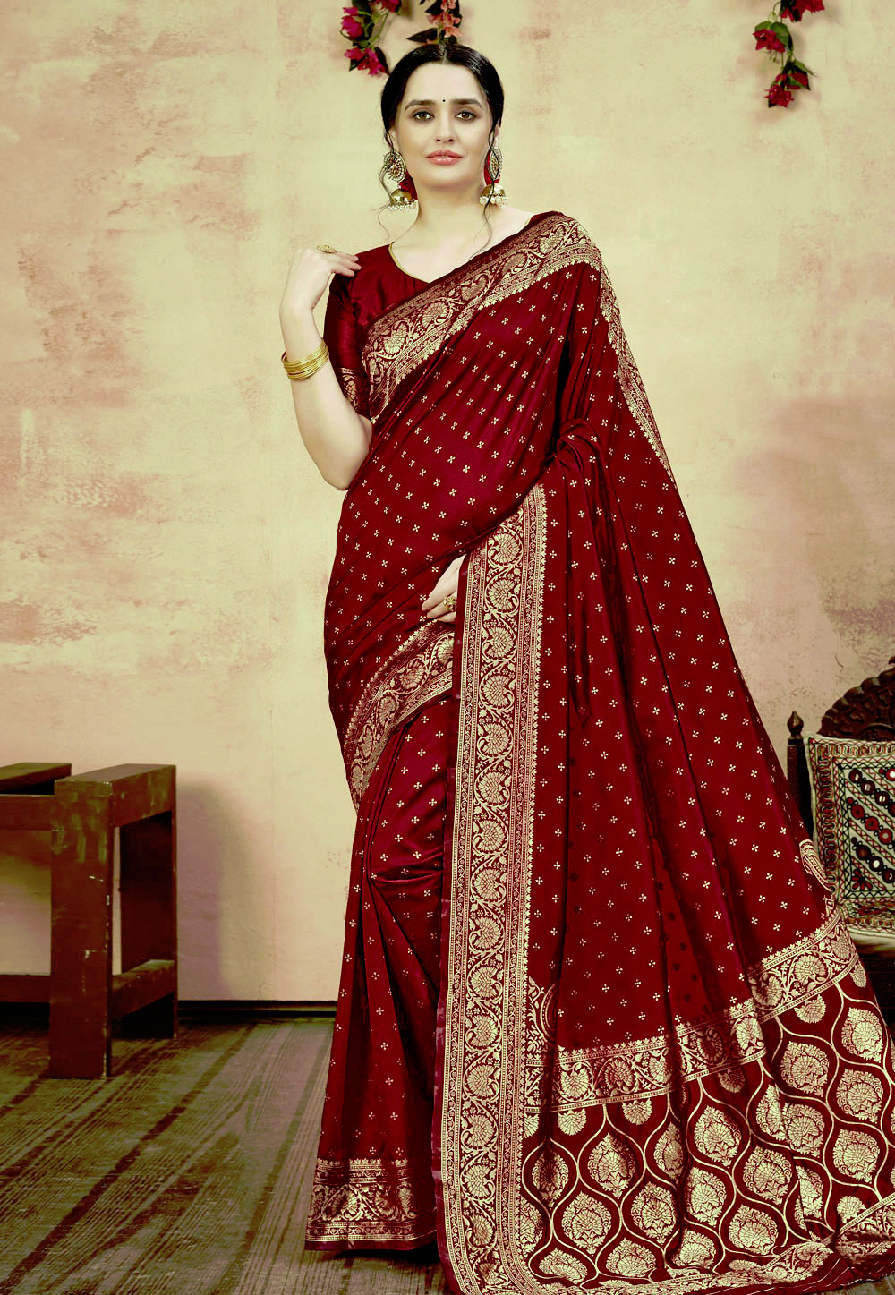 Maroon Banarasi Silk Saree With Blouse 219298