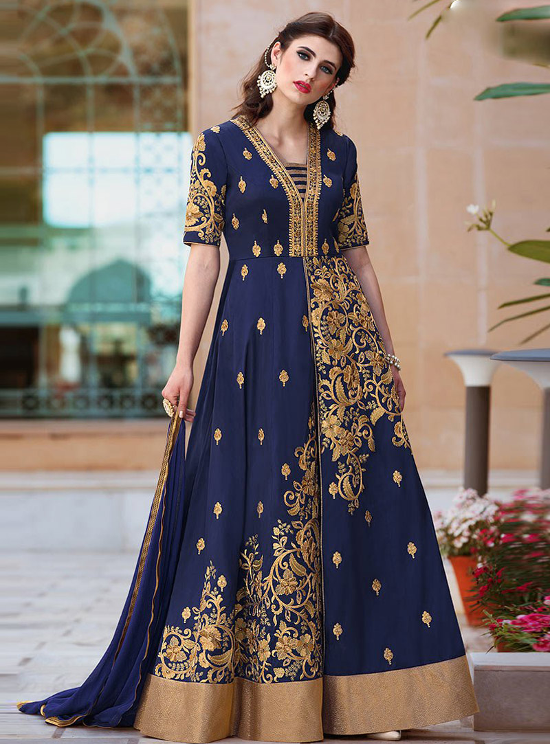 Navy Blue Taffeta Silk Readymade Long Anarkali Suit 100902