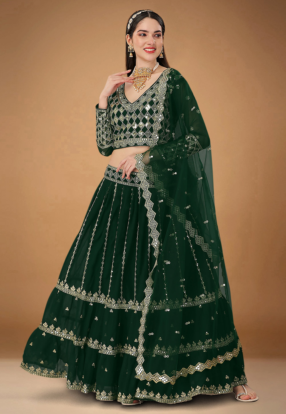 Green Faux Georgette A Line Lehenga Choli 260439