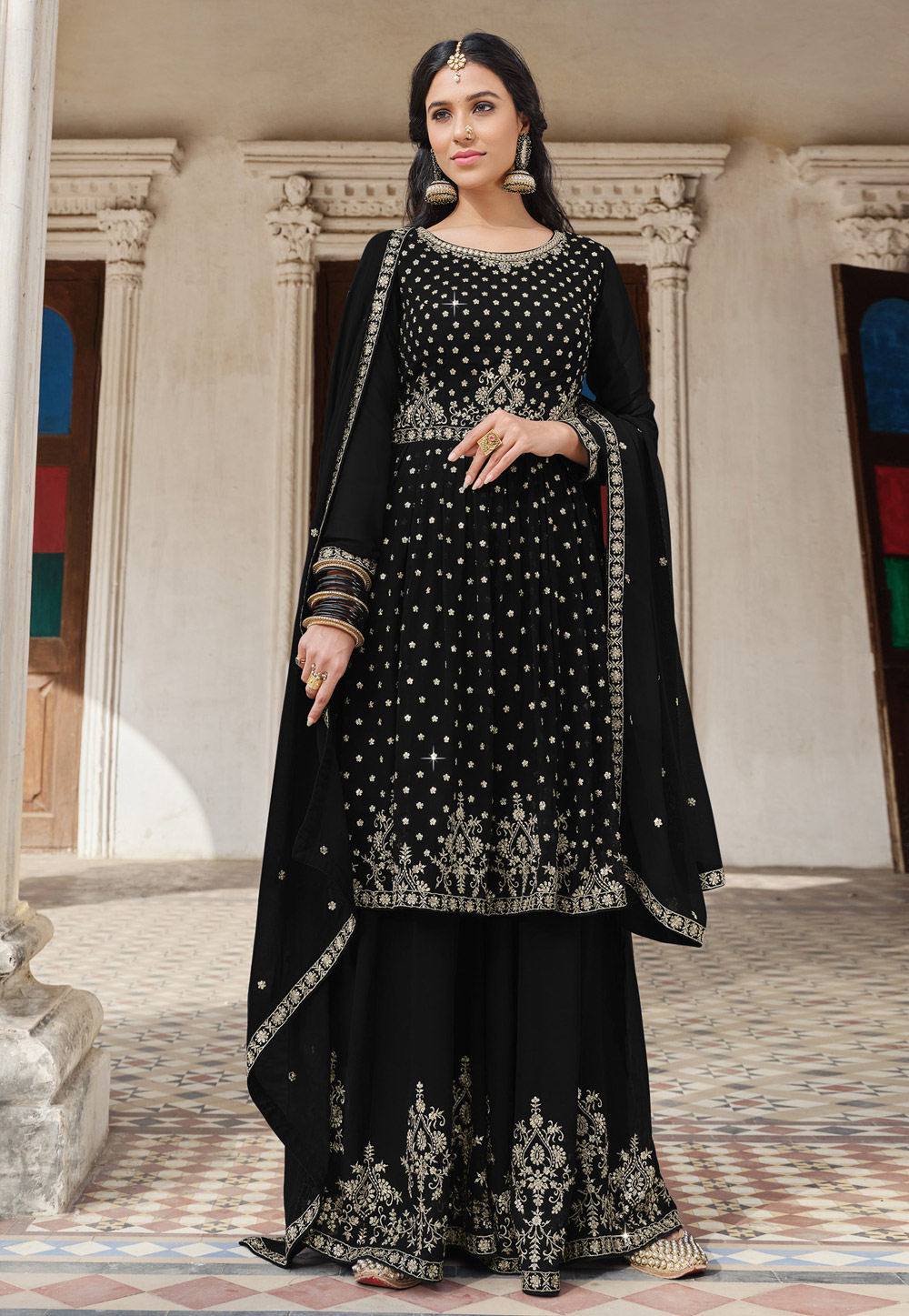Black Faux Georgette Pakistani Palazzo Suit 247700