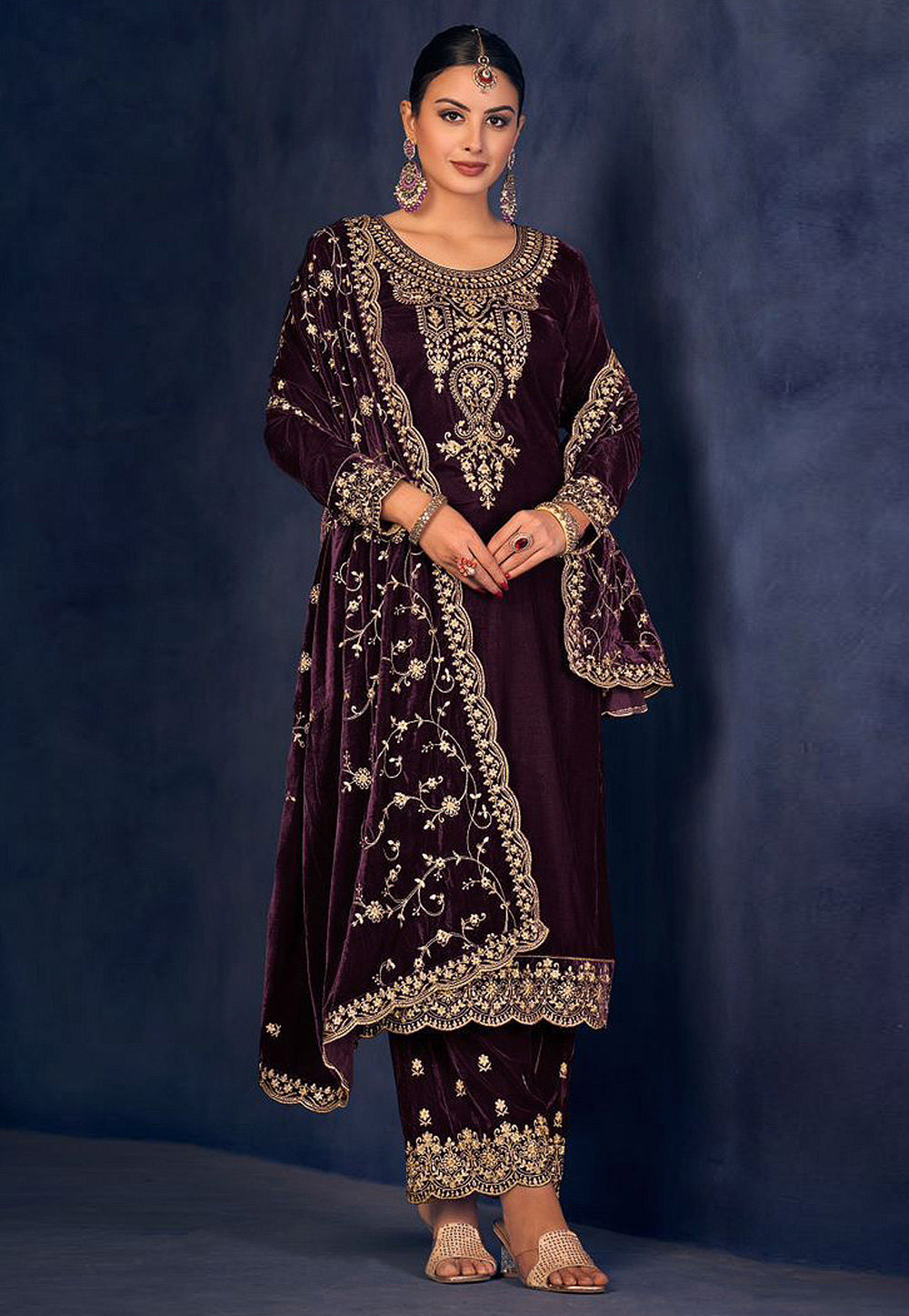 Wine Velvet Pakistani Suit 274390