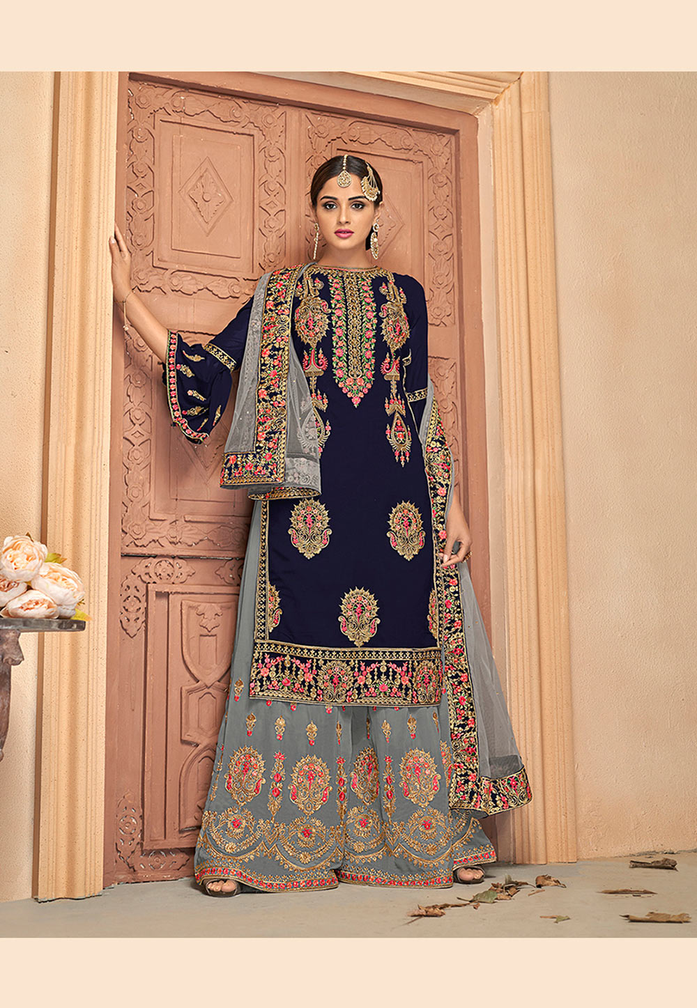 Navy Blue Georgette Embroidered Palazzo Suit 176046