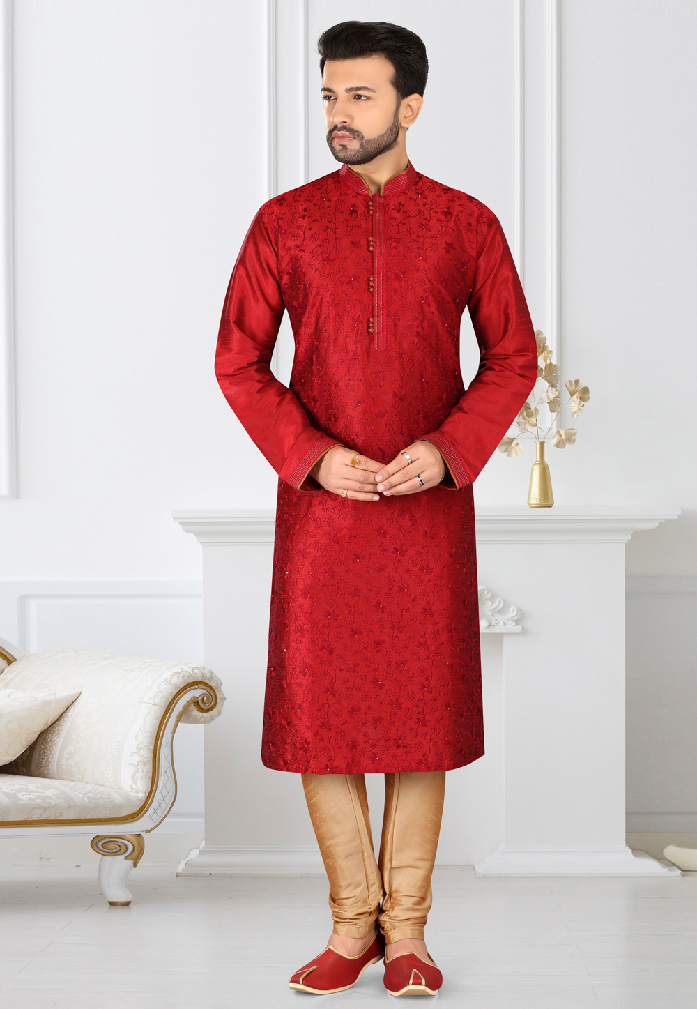 Red Banarasi Silk Kurta Pajama 233582
