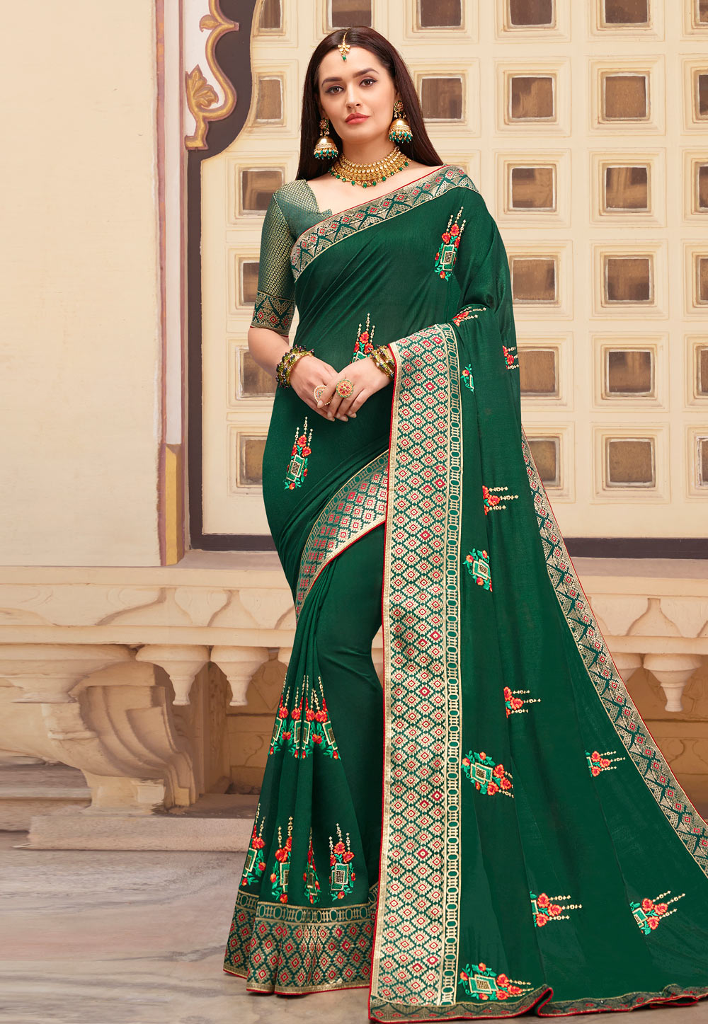 Green Silk Saree With Blouse 201362