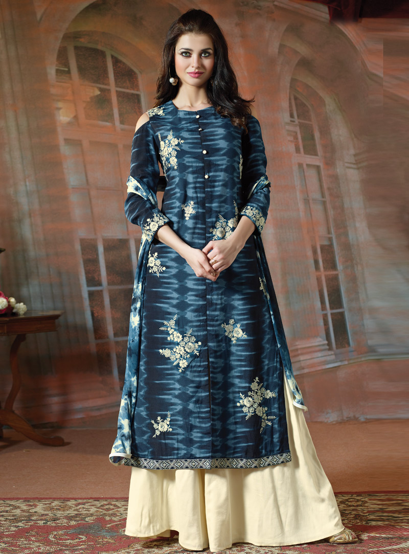 Navy Blue Cotton Palazzo Style Suit 121863