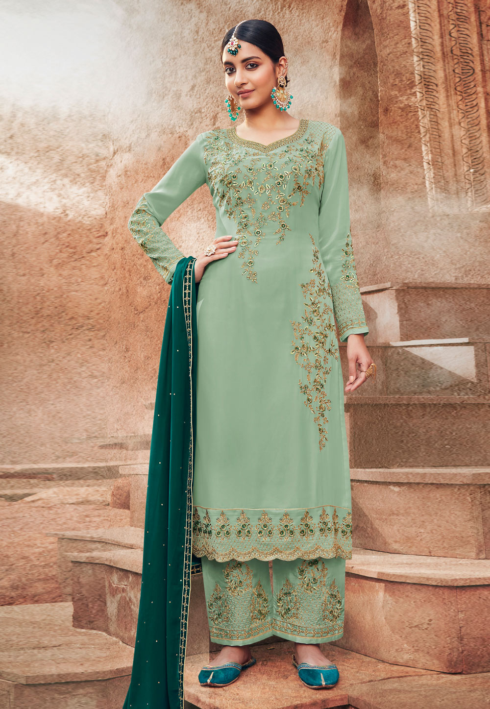 Sea Green Georgette Kameez With Palazzo 231221