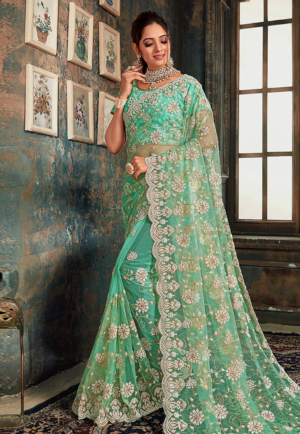 Green Net Saree With Blouse 200794