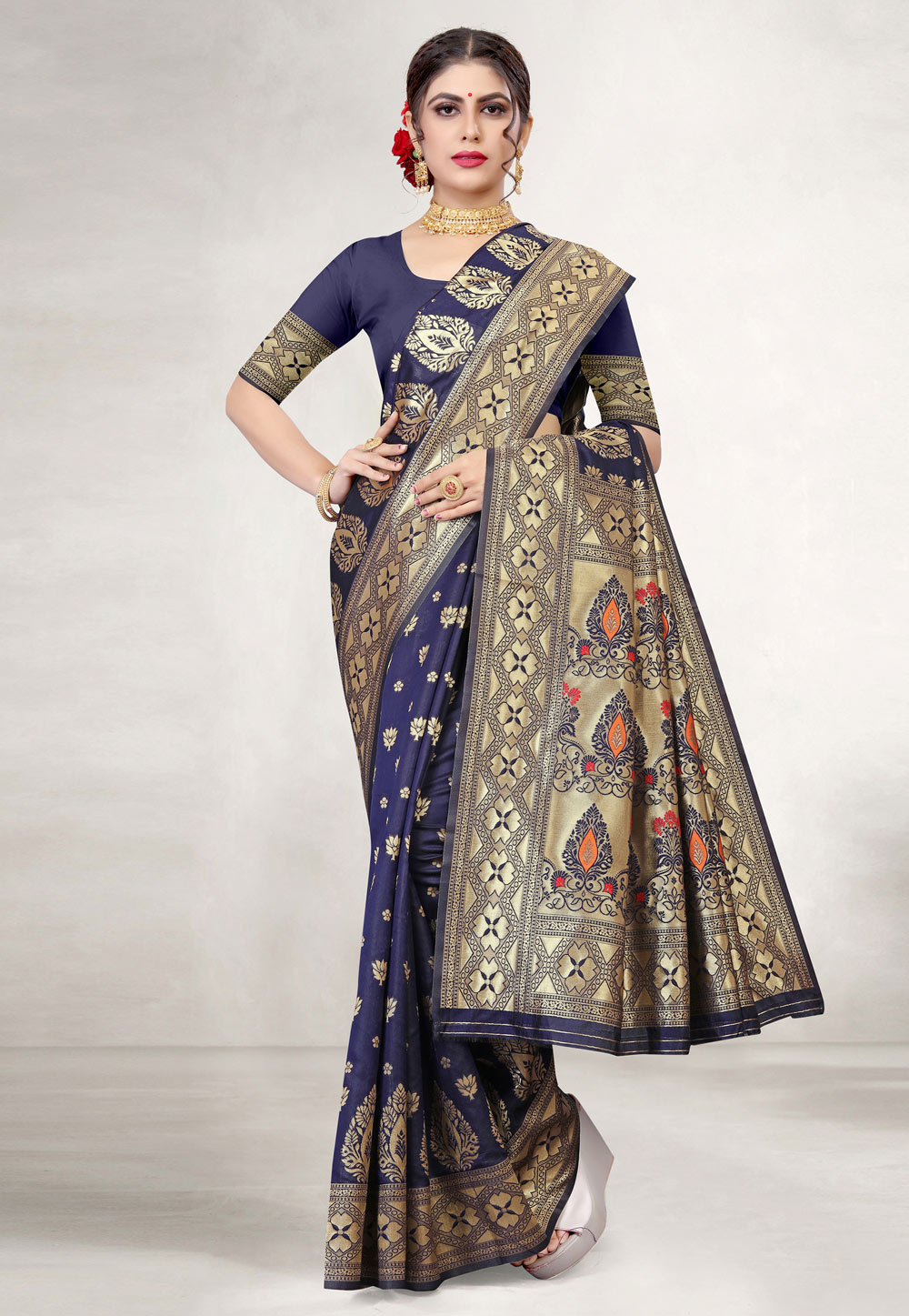 Navy Blue Jacquard Silk Festival Wear Saree 228782