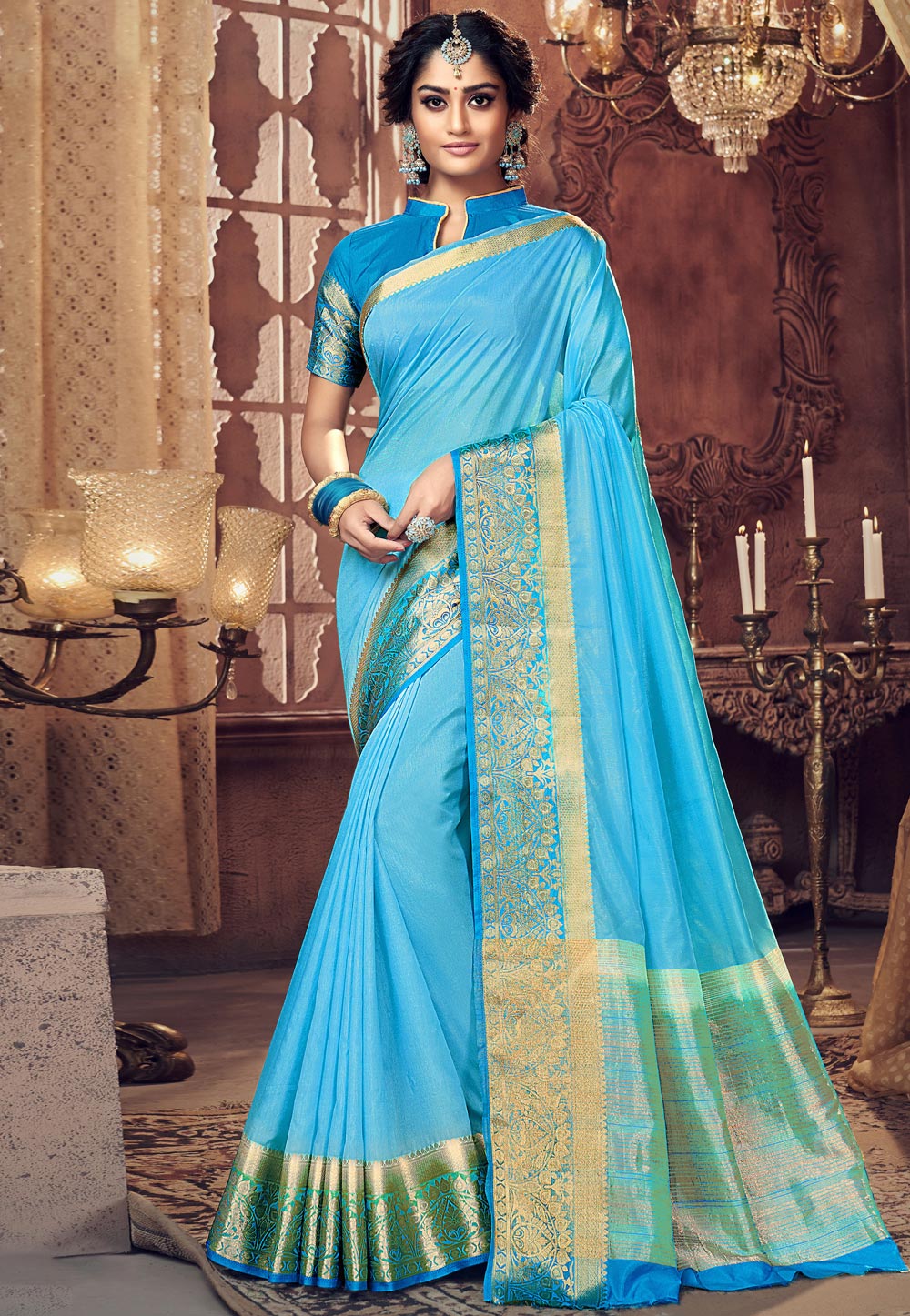 Sky Blue Pure Organza silk Embroidered saree with White Satin Blouse