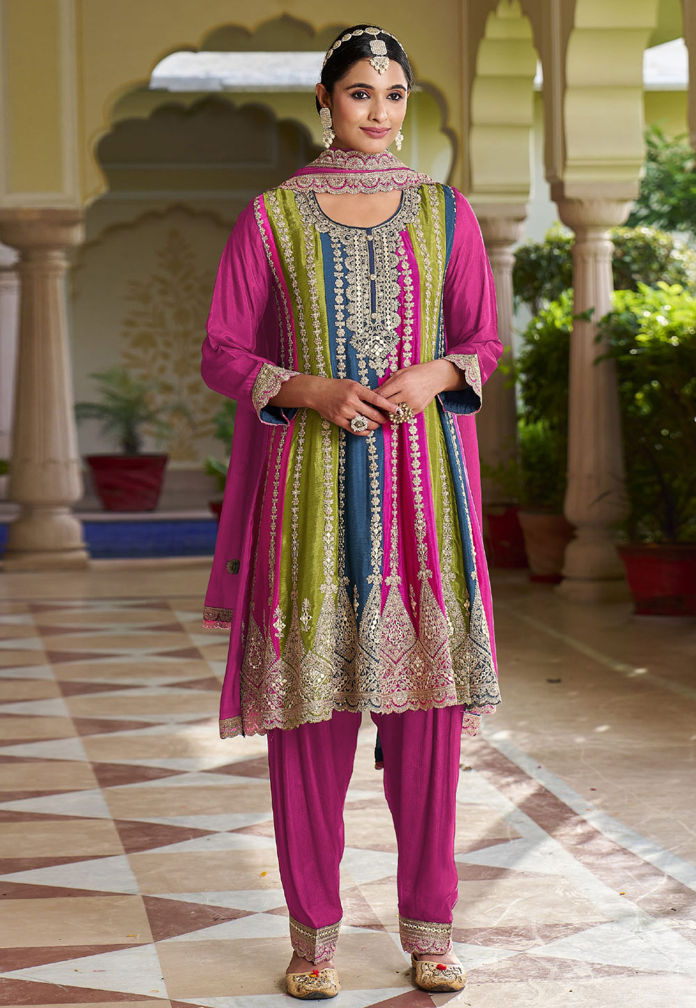 200230092023 Pink Chinon Readymade Patiala Suit