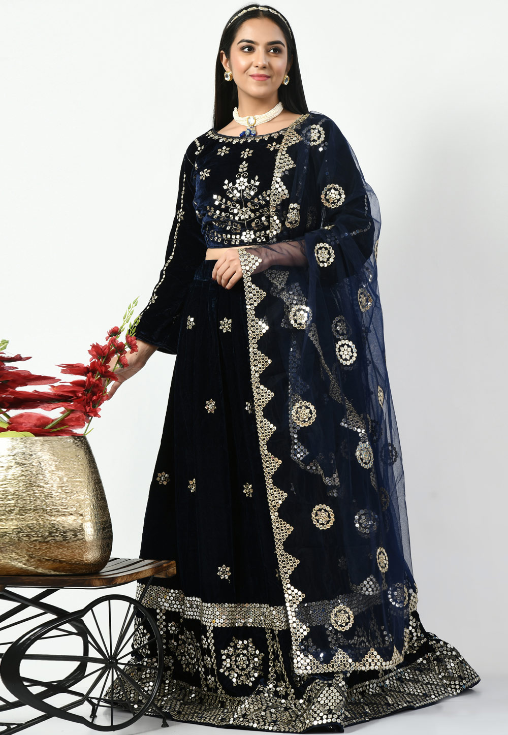 Navy Blue Velvet A Line Lehenga Choli 269441