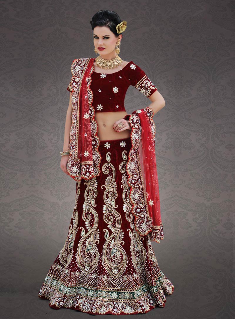 Maroon Velvet Indian Bridal Lehenga Choli 23249