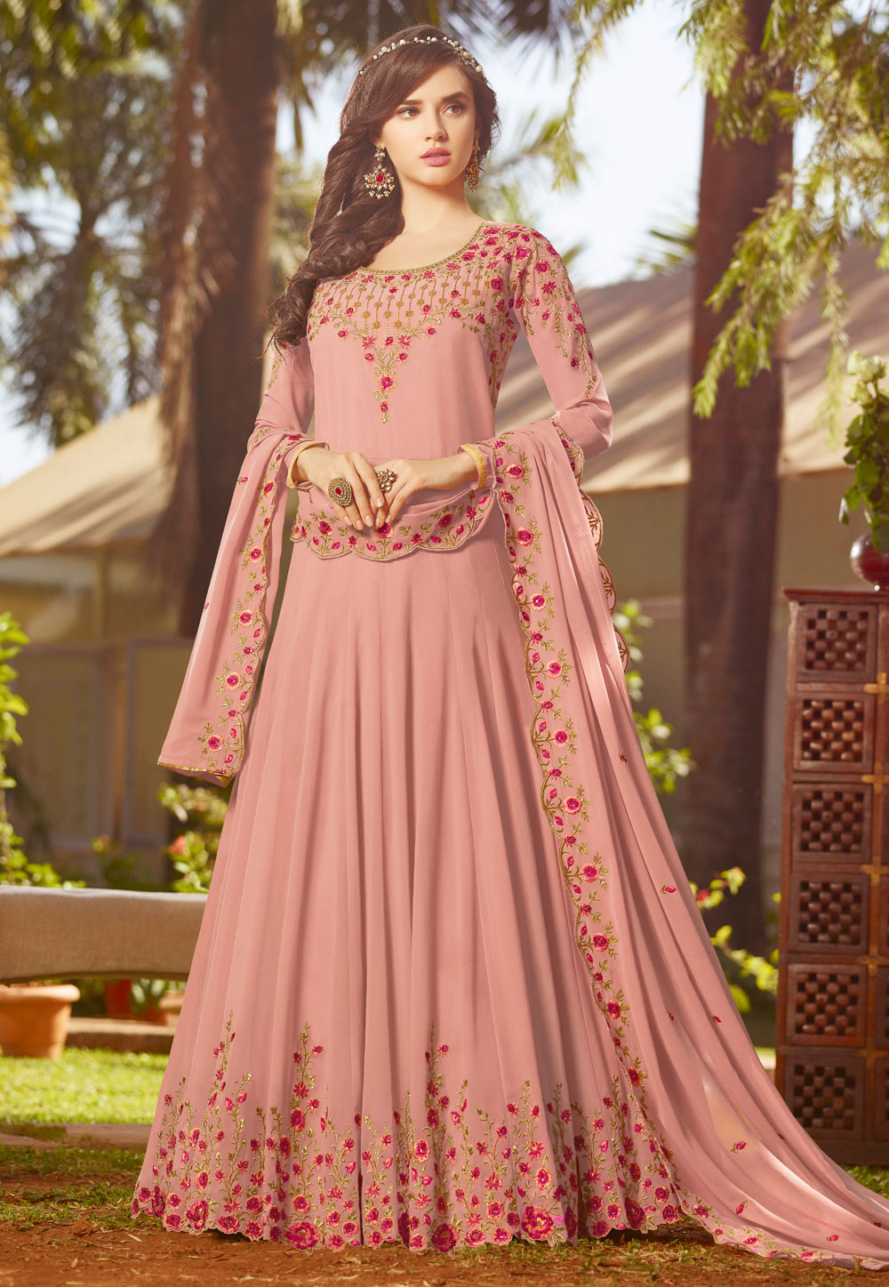 Peach Faux Georgette Embroidered Abaya Style Anarkali Suit 176757