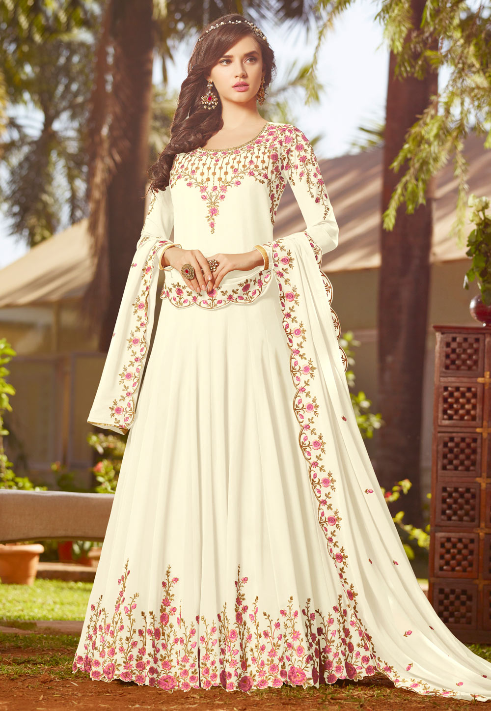Off White Faux Georgette Embroidered Abaya Style Anarkali Suit 176759