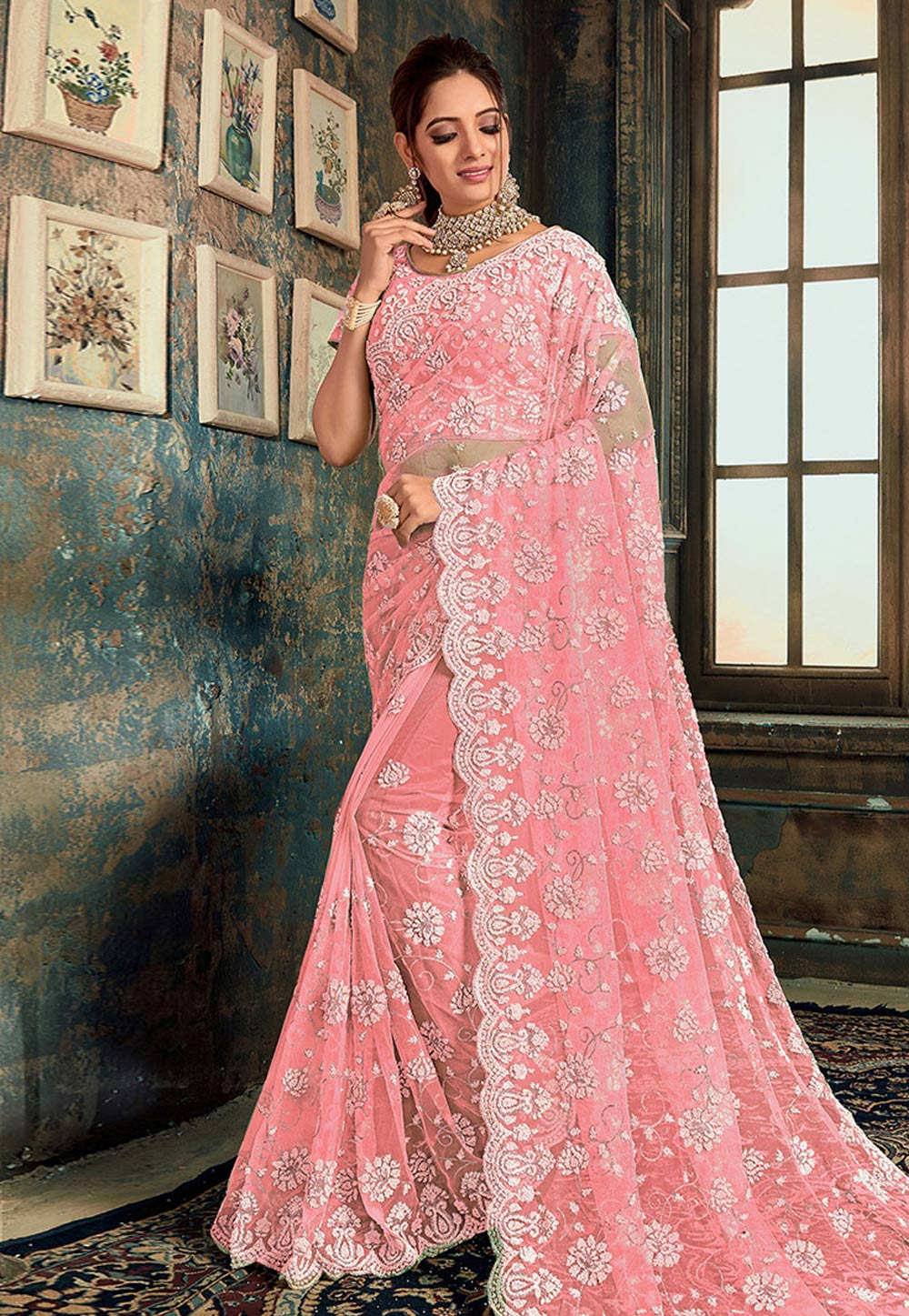 Pink Net Saree With Blouse 203258