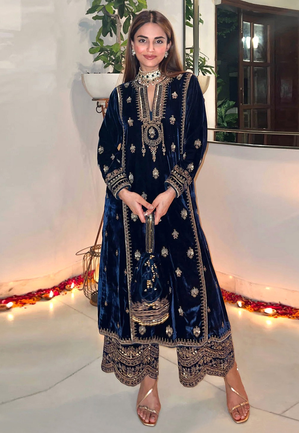 Buy Navy Blue Velvet Embroidered Straight Suit | Straight Salwar Suits