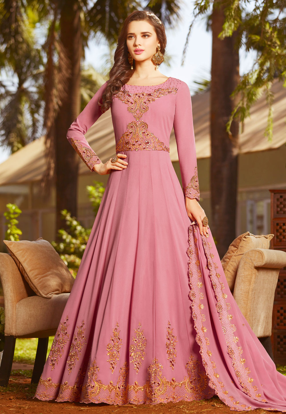 Pink Faux Georgette Abaya Style Anarkali Suit 160104