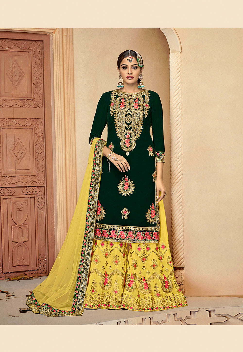Green Georgette Embroidered Kameez With Palazzo 176047