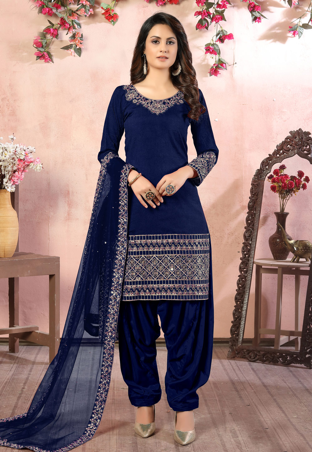 Navy Blue Art Silk Patiala Suit 221071