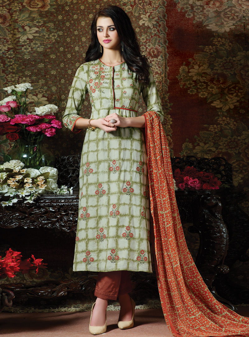 Light Green Cotton Straight Cut Salwar Suit 121865