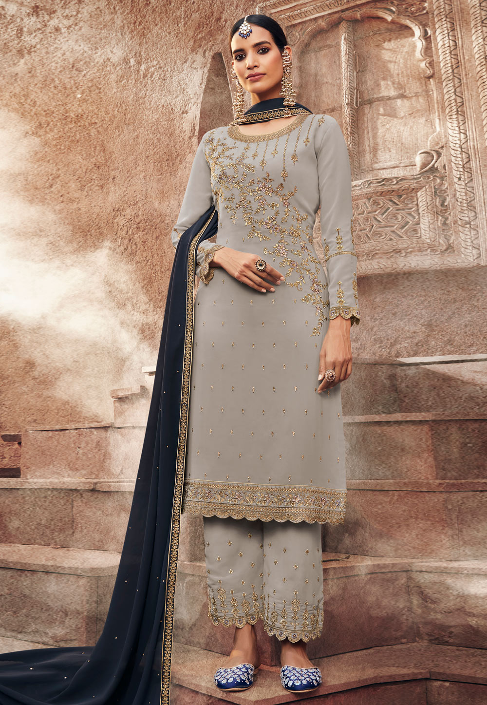 Grey Georgette Palazzo Suit 231222