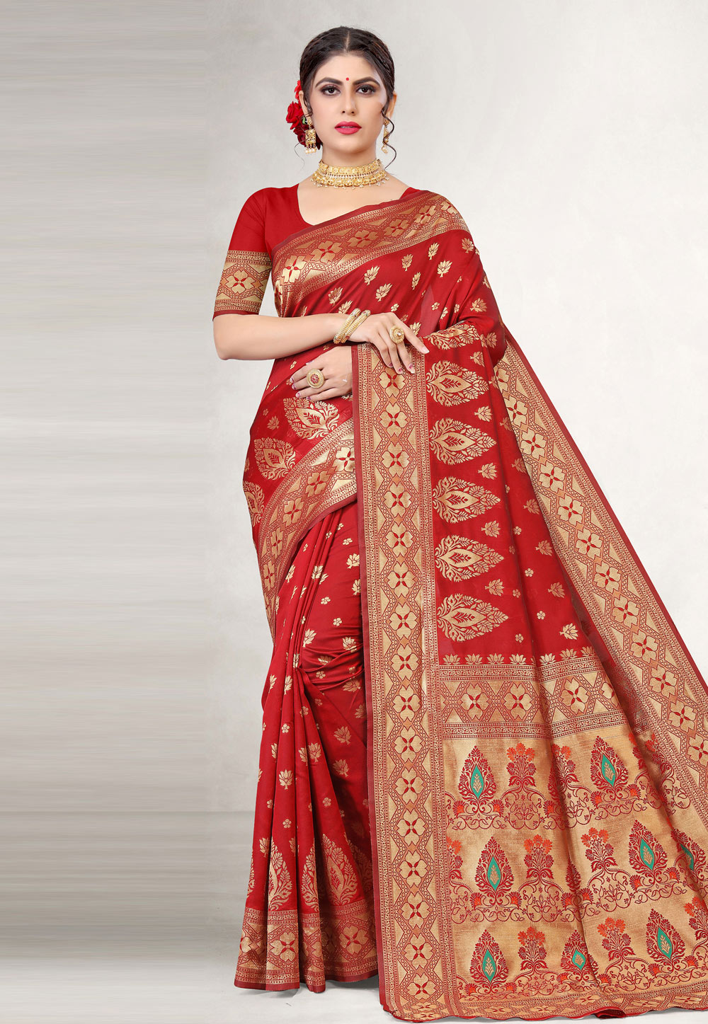 Red Jacquard Silk Saree With Blouse 228783
